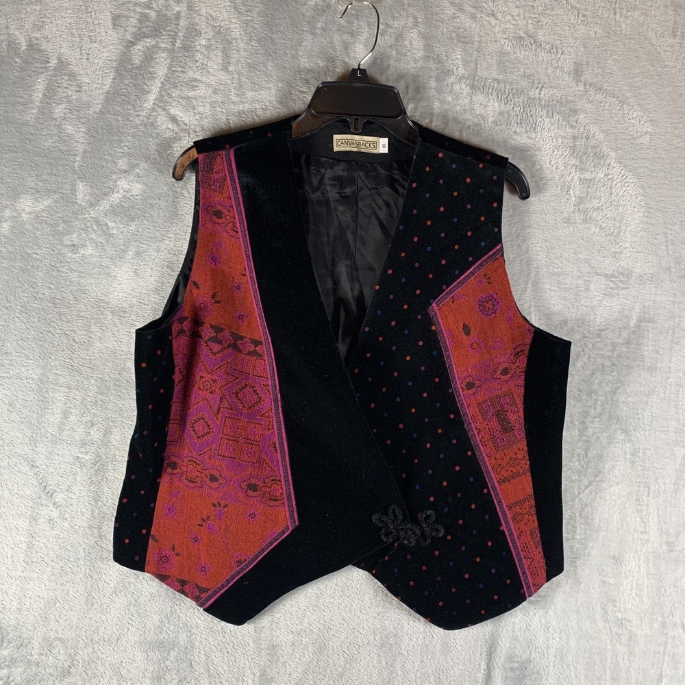 Vintage Canvasbacks Vest Tapestry Velvet XL Polka Dot Black Artsy Boho Hippie